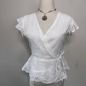 Vintage Y2K White Cotton Eyelet Wrap Top Coquette Blouse Peasant Boho Cleangirl